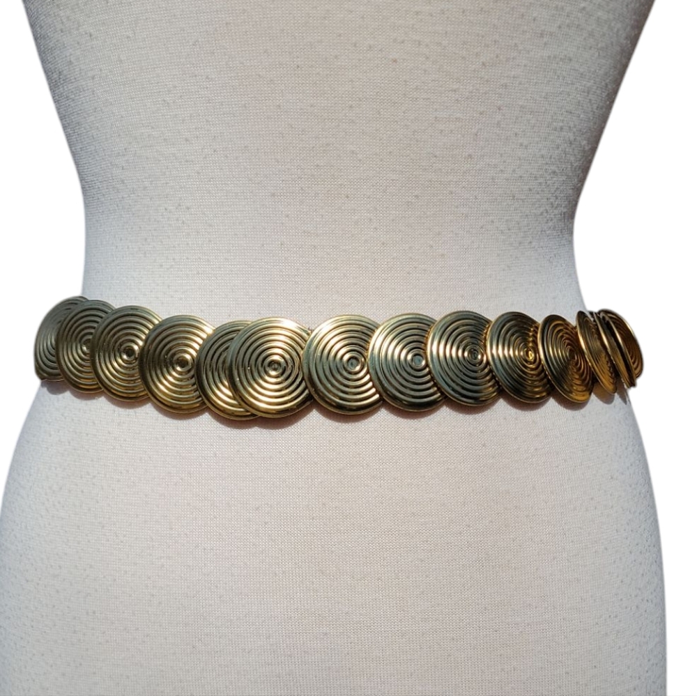 Vintage Gold Tone Disc Stretch Belt | Mod Disco Glam Statement Waist Belt - Picture 5 of 12